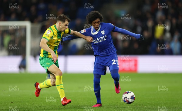 150323 - Cardiff City v West Bromwich Albion, EFL Sky Bet Championship - Jaden Philogene of Cardiff City and Jayson Molumby of West Bromwich Albion compete for the ball