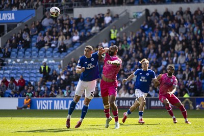 260425 - Cardiff City v West Bromwich Albion - Sky Bet Championship - Yousef Salech of Cardiff City in action against Kyle Bartley of West Brom in action