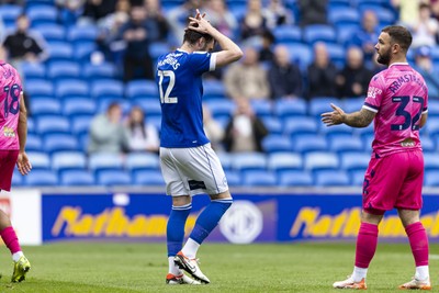 260425 - Cardiff City v West Bromwich Albion - Sky Bet Championship - Calum Chambers of Cardiff City reacts to a chance on goal