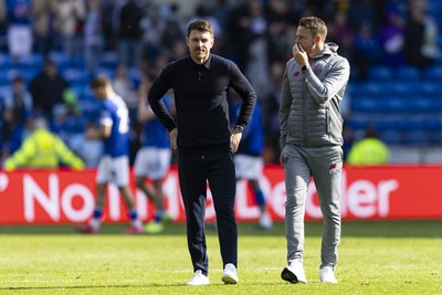 260425 - Cardiff City v West Bromwich Albion - Sky Bet Championship - Cardiff City interim manager Aaron Ramsey & Cardiff City assistant manager Chris Gunter at full time