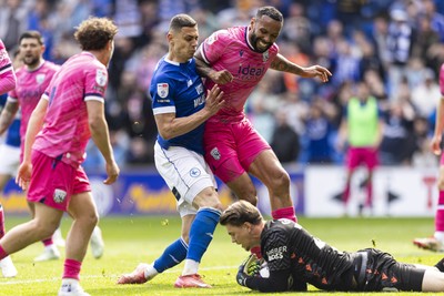 260425 - Cardiff City v West Bromwich Albion - Sky Bet Championship - Yousef Salech of Cardiff City in action against Kyle Bartley of West Brom