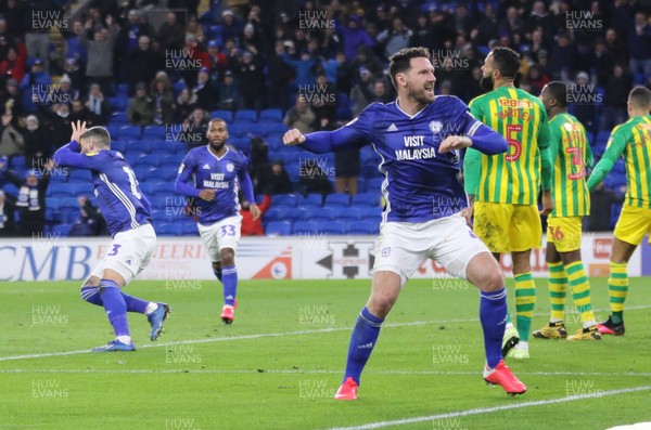 280120 - Cardiff City v West Bromwich Albion, Sky Bet Championship - Sean Morrison of Cardiff City celebrates after Callum Paterson of Cardiff City, left, scores goal