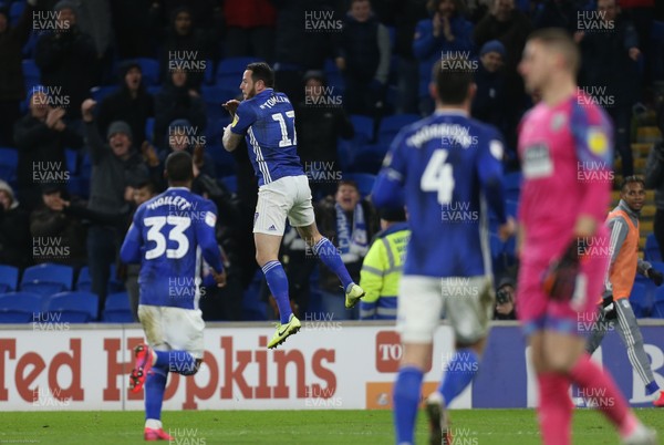 280120 - Cardiff City v West Bromwich Albion, Sky Bet Championship - Lee Tomlin of Cardiff City celebrates with team mates after scoring the second goal