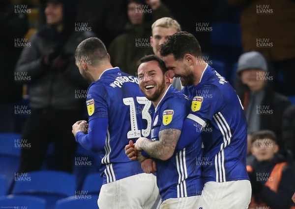 280120 - Cardiff City v West Bromwich Albion, Sky Bet Championship - Lee Tomlin of Cardiff City celebrates with team mates after scoring the second goal
