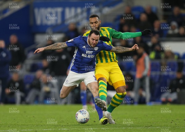 280120 - Cardiff City v West Bromwich Albion, Sky Bet Championship - Lee Tomlin of Cardiff City is brought down by Matt Phillips of West Bromwich Albion Tomlin scored the second goal from the resulting free kick