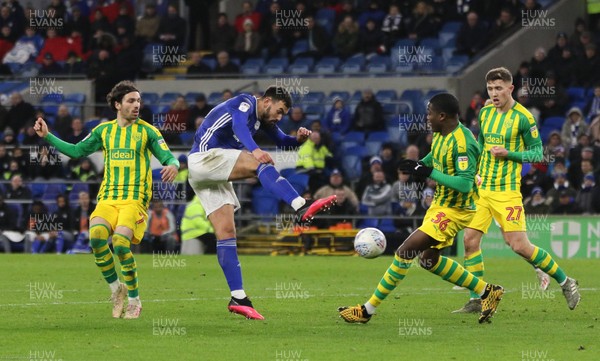 280120 - Cardiff City v West Bromwich Albion, Sky Bet Championship - Marlon Pack of Cardiff City wins the ball from Filip Krovinovic of West Bromwich Albion