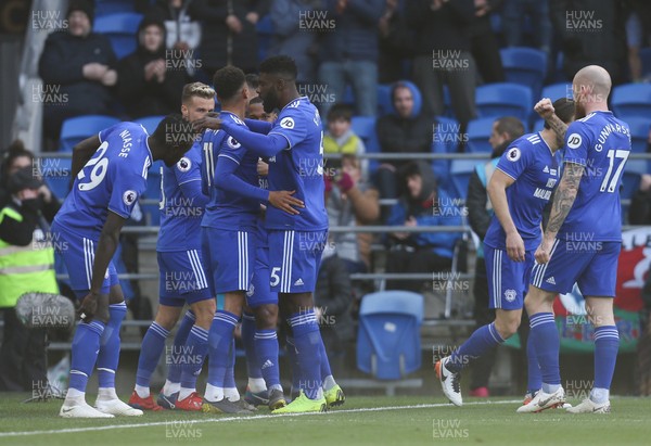 090319 - Cardiff City v West Ham United, Premier League - Cardiff City players celebrate with Junior Hoilett of Cardiff City after he score goal