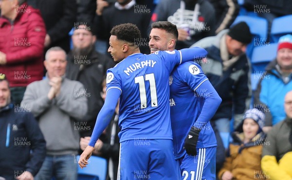 090319 - Cardiff City v West Ham United, Premier League - Josh Murphy of Cardiff City congratulates Victor Camarasa of Cardiff City after he scores the second goal