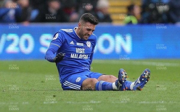 090319 - Cardiff City v West Ham United, Premier League - Victor Camarasa of Cardiff City shows the pain as he picks up an injury