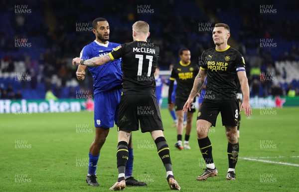 140123 - Cardiff City v Wigan Athletic, EFL Sky Bet Championship - Curtis Nelson of Cardiff City and James McClean of Wigan Athletic have a difference of opinions at the end of the match
