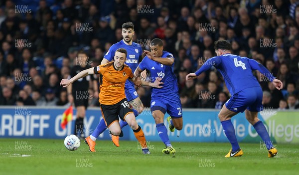 060418 - Cardiff City v Wolverhampton Wanderers - SkyBet Championship - Diogo Jota of Wolves  is challenged by Lee Peltier of Cardiff City