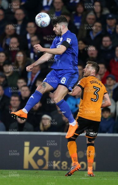 060418 - Cardiff City v Wolverhampton Wanderers - SkyBet Championship - Callum Paterson of Cardiff City gets above Barry Douglas of Wolves