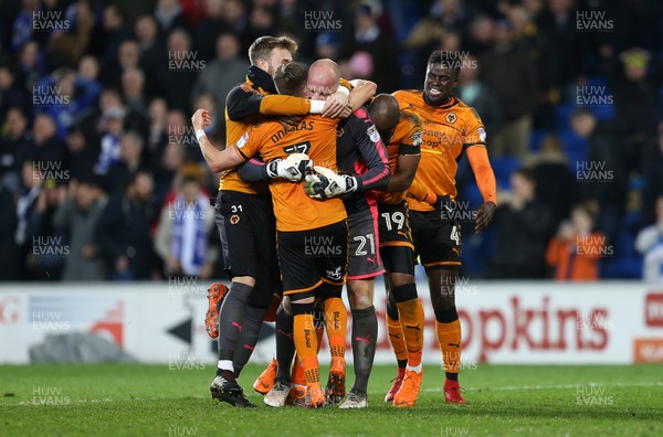 060418 - Cardiff City v Wolverhampton Wanderers - SkyBet Championship - John Ruddy of Wolves  celebrates with team mates after saving two penalty's in injury time