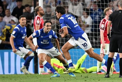 170826 - Cardiff City v Wrexham - Sky Bet Championship - Rubin Colwill of Cardiff City scores a goal from a free kick in the last seconds to equalise the game