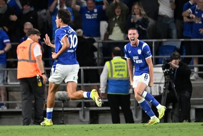 170826 - Cardiff City v Wrexham - Sky Bet Championship - Rubin Colwill of Cardiff City scores a goal from a free kick in the last seconds to equalise the game