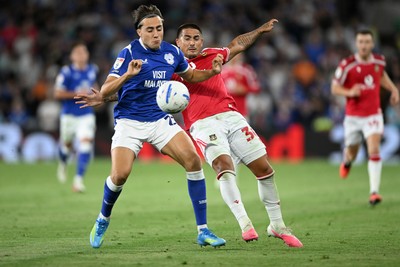 170826 - Cardiff City v Wrexham - Sky Bet Championship - Danny Imray of Wrexham is challenged by Joel Colwill of Cardiff City