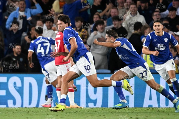 170826 - Cardiff City v Wrexham - Sky Bet Championship - Rubin Colwill of Cardiff City scores a goal from a free kick in the last seconds to equalise the game