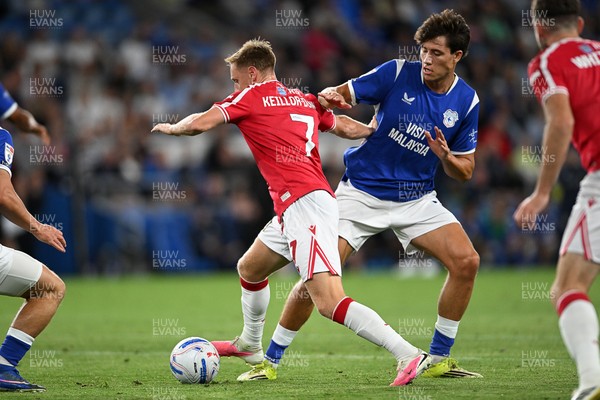 170826 - Cardiff City v Wrexham - Sky Bet Championship - Rubin Colwill of Cardiff City is challenged by Davis Keillor-Dunn of Wrexham