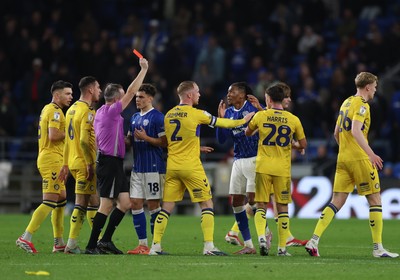 170326 - Cardiff `City v Wycombe Wanderers, EFL Sky Bet League 1 - Gabiel Osho of Cardiff City is shown a red card for the tackle on Ewan Henderson of Wycombe Wanderers