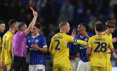 170326 - Cardiff `City v Wycombe Wanderers, EFL Sky Bet League 1 - Gabiel Osho of Cardiff City is shown a red card for the tackle on Ewan Henderson of Wycombe Wanderers