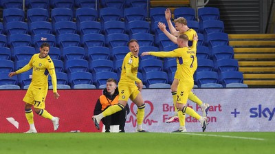170326 - Cardiff `City v Wycombe Wanderers, EFL Sky Bet League 1 - Cauley Woodrow of Wycombe Wanderers celebrates after scoring the second goal