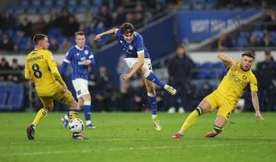 170326 - Cardiff `City v Wycombe Wanderers, EFL Sky Bet League 1 - Joel Colwill of Cardiff City sees his shot blocked by Aaron Morley of Wycombe Wanderers