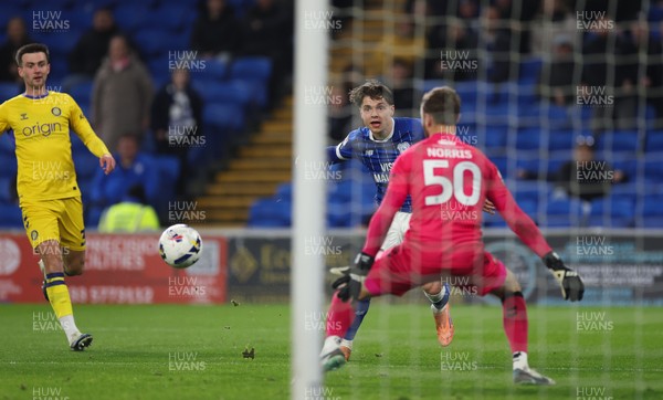 170326 - Cardiff `City v Wycombe Wanderers, EFL Sky Bet League 1 - Cian Ashford of Cardiff City looks on his shot beats Wycombe Wanderers goalkeeper Will Norris but goes wide of the goal