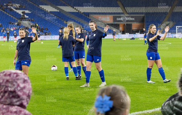 161122 - Cardiff City Women v Abergavenny Women - Cardiff City players wave to the mascots ahead of the match at the Cardiff City Stadium