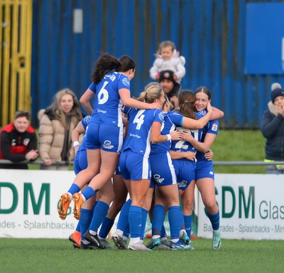 140424 - Cardiff City Women v Swansea City Women - Genero Adran Trophy Final - Cardiff City celebrates scoring a goal