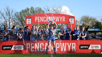 140424 - Cardiff City Women v Swansea City Women - Genero Adran Trophy Final - Cardiff City Women celebrate lifting the Adran Trophy