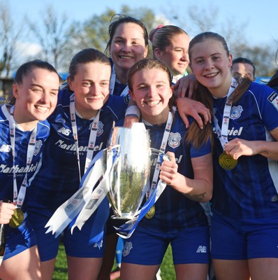 140424 - Cardiff City Women v Swansea City Women - Genero Adran Trophy Final - Cardiff players celebrate at full time with the trophy