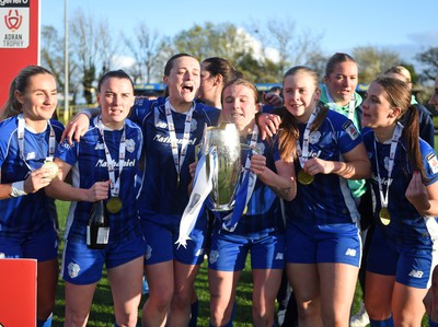 140424 - Cardiff City Women v Swansea City Women - Genero Adran Trophy Final - Cardiff players celebrate at full time with the trophy