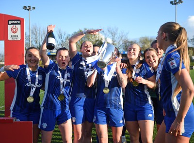 140424 - Cardiff City Women v Swansea City Women - Genero Adran Trophy Final - Cardiff players celebrate at full time with the trophy