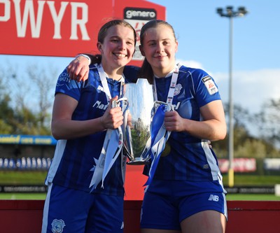 140424 - Cardiff City Women v Swansea City Women - Genero Adran Trophy Final - Cardiff players celebrate at full time with the trophy