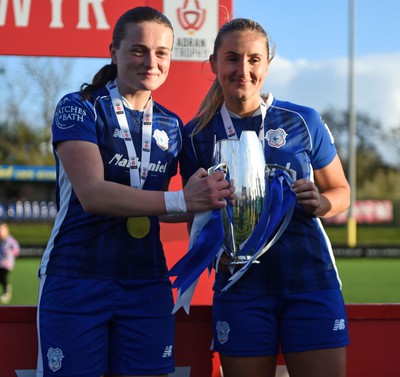 140424 - Cardiff City Women v Swansea City Women - Genero Adran Trophy Final - Cardiff players celebrate at full time with the trophy