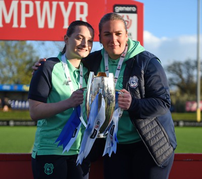 140424 - Cardiff City Women v Swansea City Women - Genero Adran Trophy Final - Cardiff players celebrate at full time with the trophy