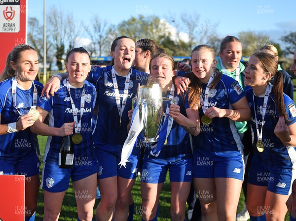 140424 - Cardiff City Women v Swansea City Women - Genero Adran Trophy Final - Cardiff players celebrate at full time with the trophy