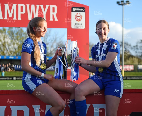 140424 - Cardiff City Women v Swansea City Women - Genero Adran Trophy Final - Cardiff players celebrate at full time with the trophy