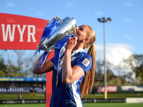 140424 - Cardiff City Women v Swansea City Women - Genero Adran Trophy Final - Rhianne Oakley celebrates at full time with the trophy 