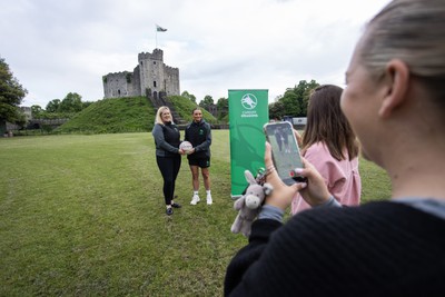 300524 - Picture shows Chief Executive Vicki Sutton and Captain Nia Jones outside Cardiff Castle as The LexisNexis Cardiff Dragons have been selected as one of the eight teams to enter the new phase of the Netball Super League (NSL)