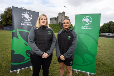 300524 - Picture shows Chief Executive Vicki Sutton and Captain Nia Jones outside Cardiff Castle as The LexisNexis Cardiff Dragons have been selected as one of the eight teams to enter the new phase of the Netball Super League (NSL)