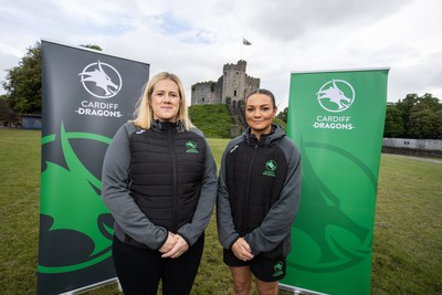 300524 - Picture shows Chief Executive Vicki Sutton and Captain Nia Jones outside Cardiff Castle as The LexisNexis Cardiff Dragons have been selected as one of the eight teams to enter the new phase of the Netball Super League (NSL)