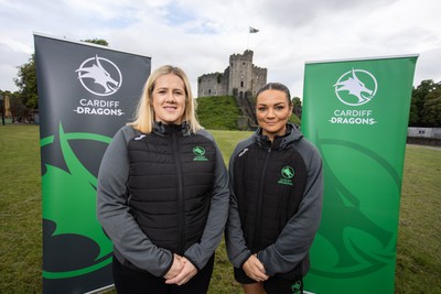 300524 - Picture shows Chief Executive Vicki Sutton and Captain Nia Jones outside Cardiff Castle as The LexisNexis Cardiff Dragons have been selected as one of the eight teams to enter the new phase of the Netball Super League (NSL)