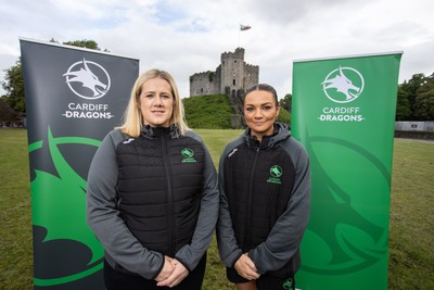 300524 - Picture shows Chief Executive Vicki Sutton and Captain Nia Jones outside Cardiff Castle as The LexisNexis Cardiff Dragons have been selected as one of the eight teams to enter the new phase of the Netball Super League (NSL)