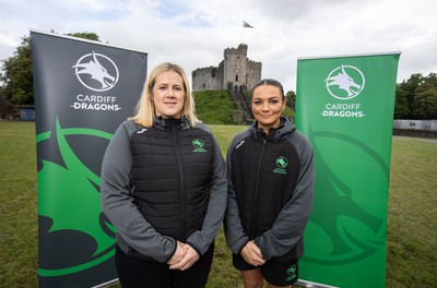 300524 - Picture shows Chief Executive Vicki Sutton and Captain Nia Jones outside Cardiff Castle as The LexisNexis Cardiff Dragons have been selected as one of the eight teams to enter the new phase of the Netball Super League (NSL)