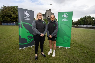 300524 - Picture shows Chief Executive Vicki Sutton and Captain Nia Jones outside Cardiff Castle as The LexisNexis Cardiff Dragons have been selected as one of the eight teams to enter the new phase of the Netball Super League (NSL)