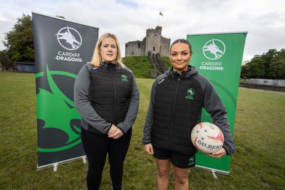 300524 - Picture shows Chief Executive Vicki Sutton and Captain Nia Jones outside Cardiff Castle as The LexisNexis Cardiff Dragons have been selected as one of the eight teams to enter the new phase of the Netball Super League (NSL)