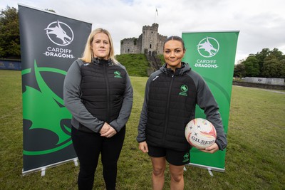 300524 - Picture shows Chief Executive Vicki Sutton and Captain Nia Jones outside Cardiff Castle as The LexisNexis Cardiff Dragons have been selected as one of the eight teams to enter the new phase of the Netball Super League (NSL)