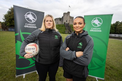 300524 - Picture shows Chief Executive Vicki Sutton and Captain Nia Jones outside Cardiff Castle as The LexisNexis Cardiff Dragons have been selected as one of the eight teams to enter the new phase of the Netball Super League (NSL)