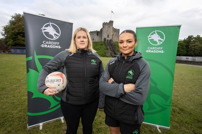 300524 - Picture shows Chief Executive Vicki Sutton and Captain Nia Jones outside Cardiff Castle as The LexisNexis Cardiff Dragons have been selected as one of the eight teams to enter the new phase of the Netball Super League (NSL)